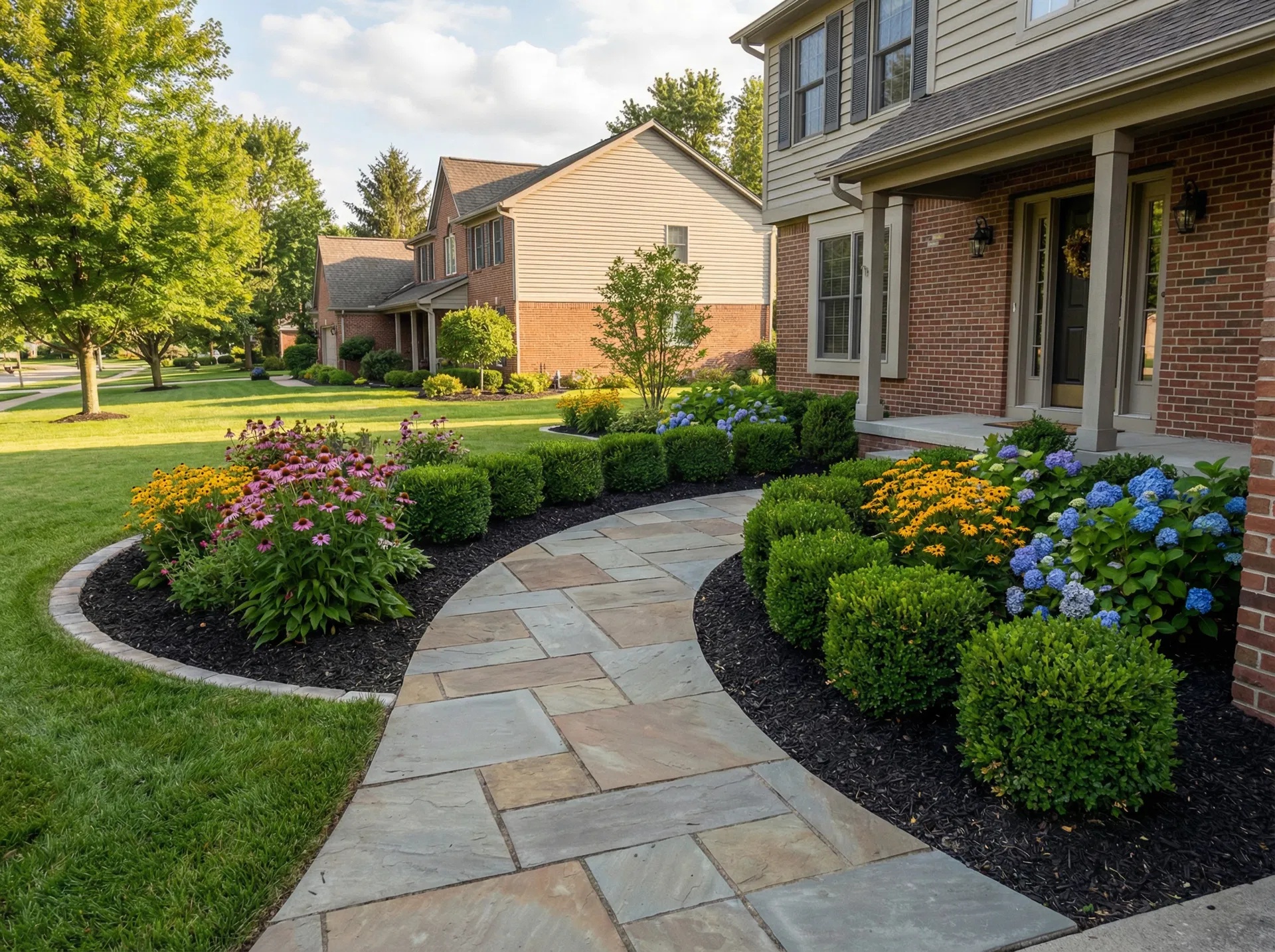 Finished front-entry landscape with stone edging, mulch beds, shrubs, and ornamental trees
