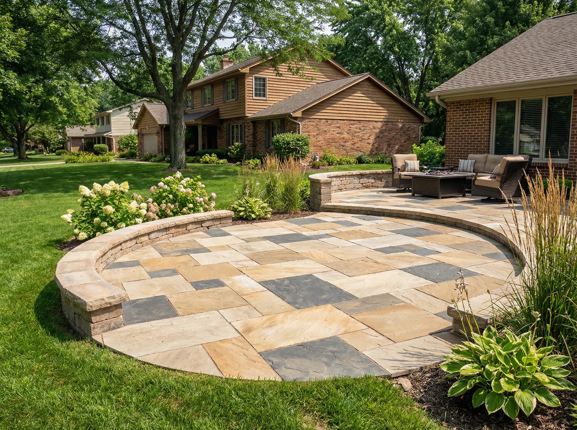 Residential stone patio and landscaped outdoor living area