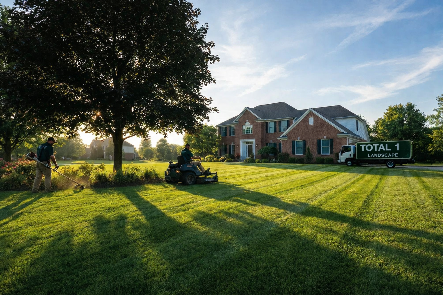 Total 1 Landscape lawn care crew and equipment at a residential property