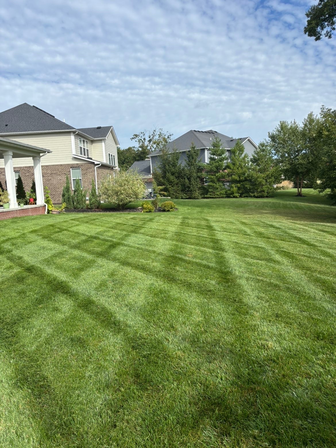 Freshly striped residential lawn maintained by Total 1 Landscape